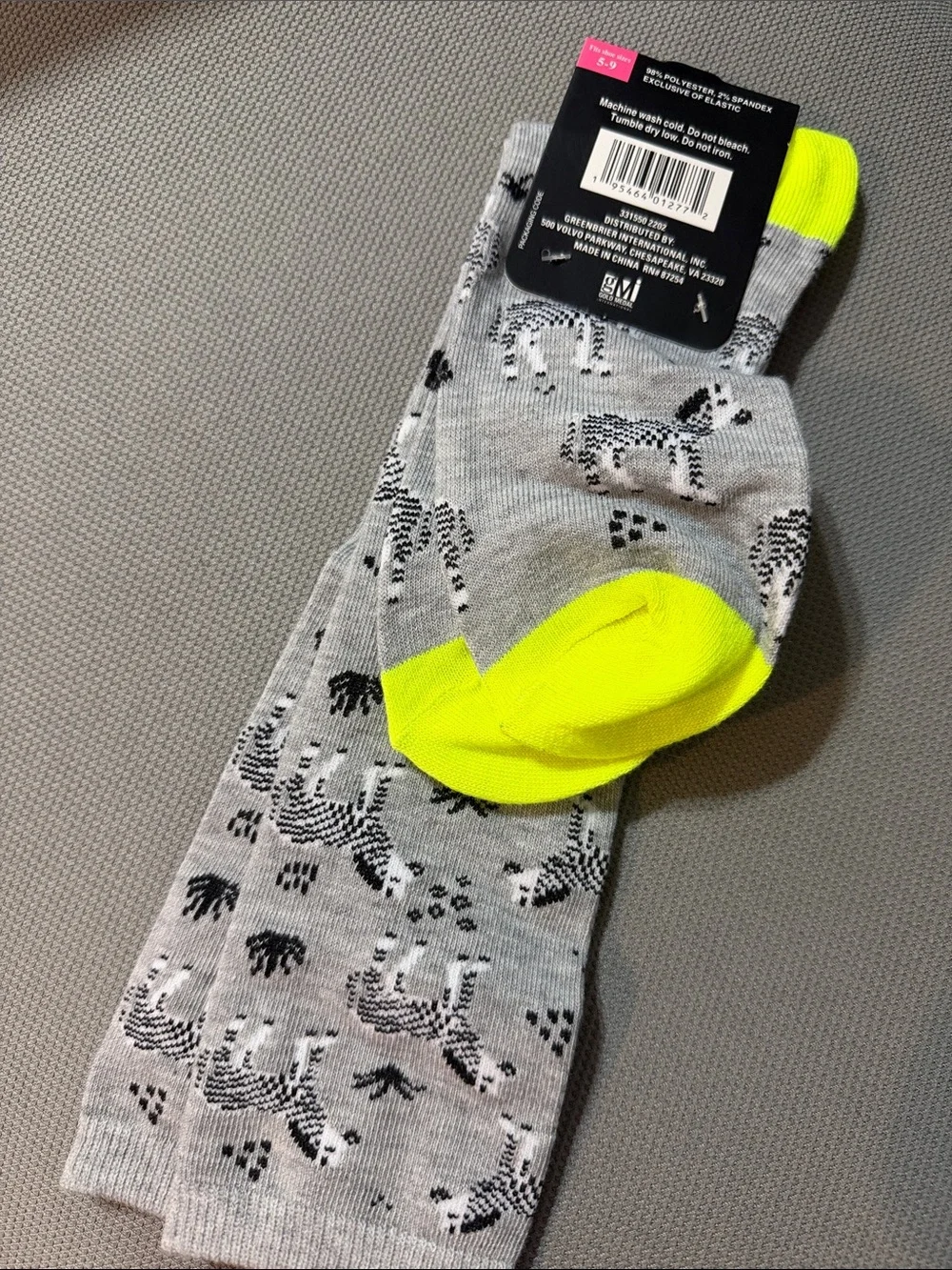 Beverly Hills Polo Club Gray Knee-High Socks-Zebras& Neon Yellow Heel-Size 5-9